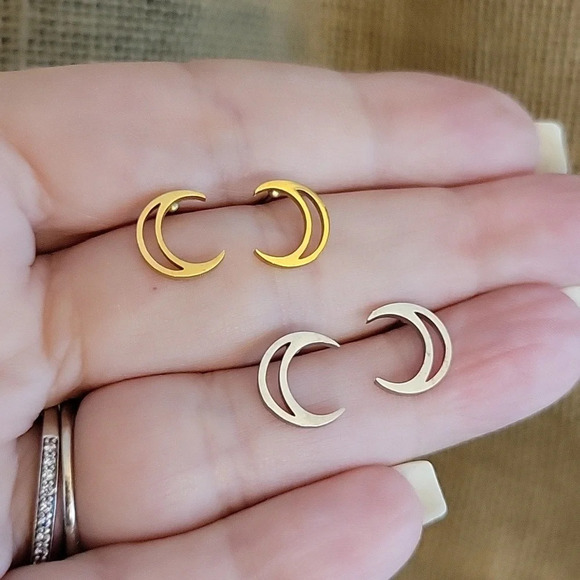 Crescent Moon Stud Earrings, Choice of Color - Picture 6 of 7